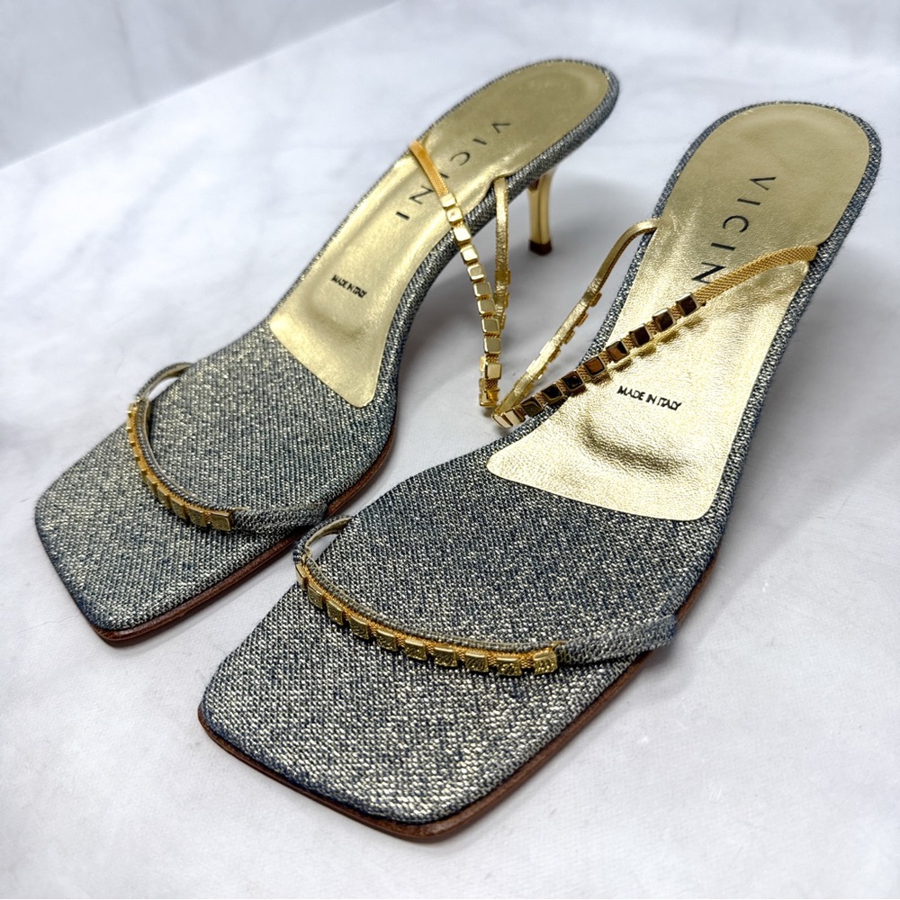 NEW Vicini by Giuseppe Zanotti Glitter Denim Low Kitten Heel Mule Sandal Gold 40 - Picture 8 of 16
